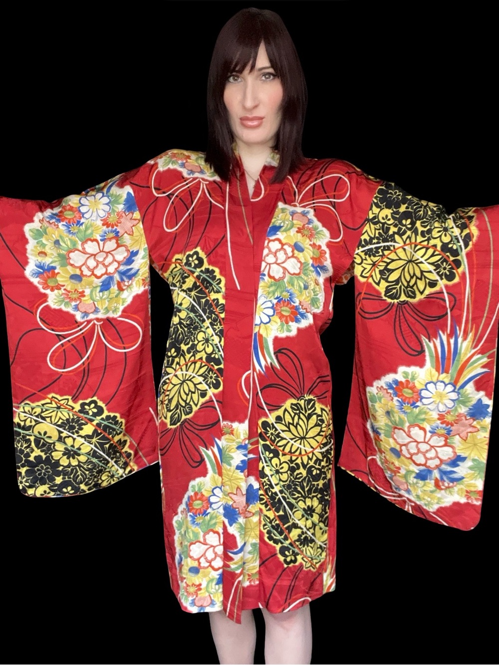 Vintage 1940s Floral Geometric Art Deco Silk Japanese Haori Kimono Dress